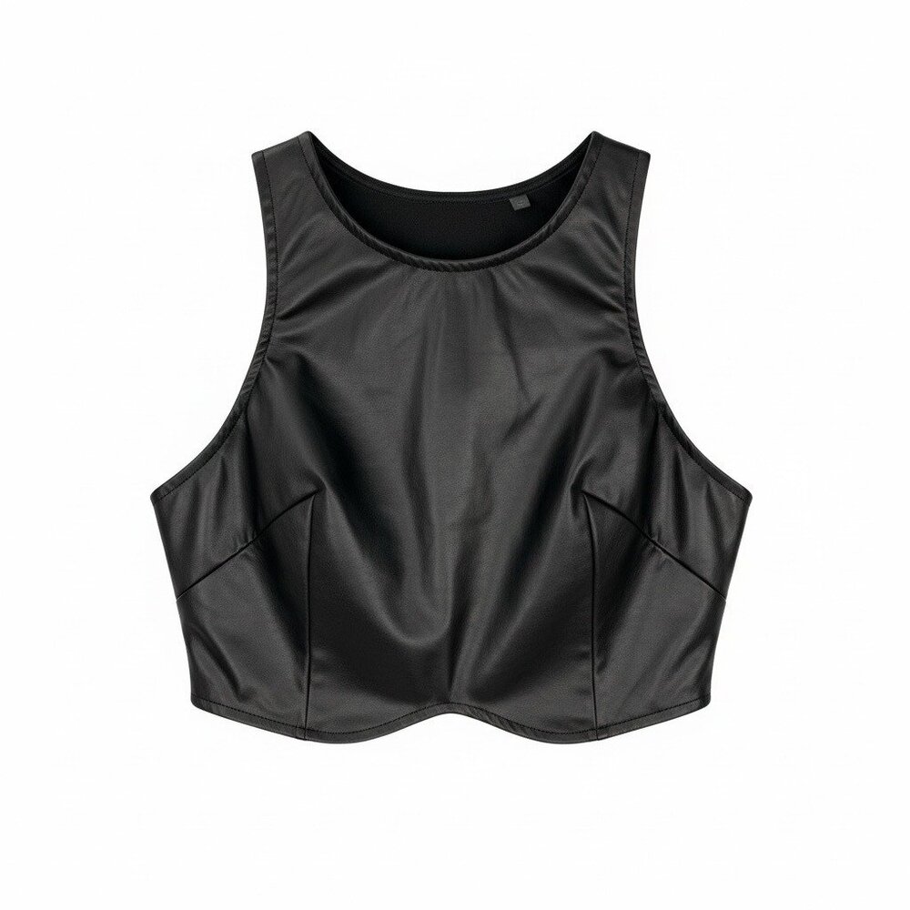 Black Faux Leather Corset Style Crop Top Sleeveless Underbust Size M - Picture 5 of 11